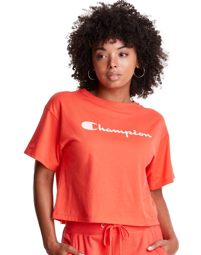 Champion Cropped Script Logo - Naisten Oranssi T-Paita - Suomi 1093524-IF